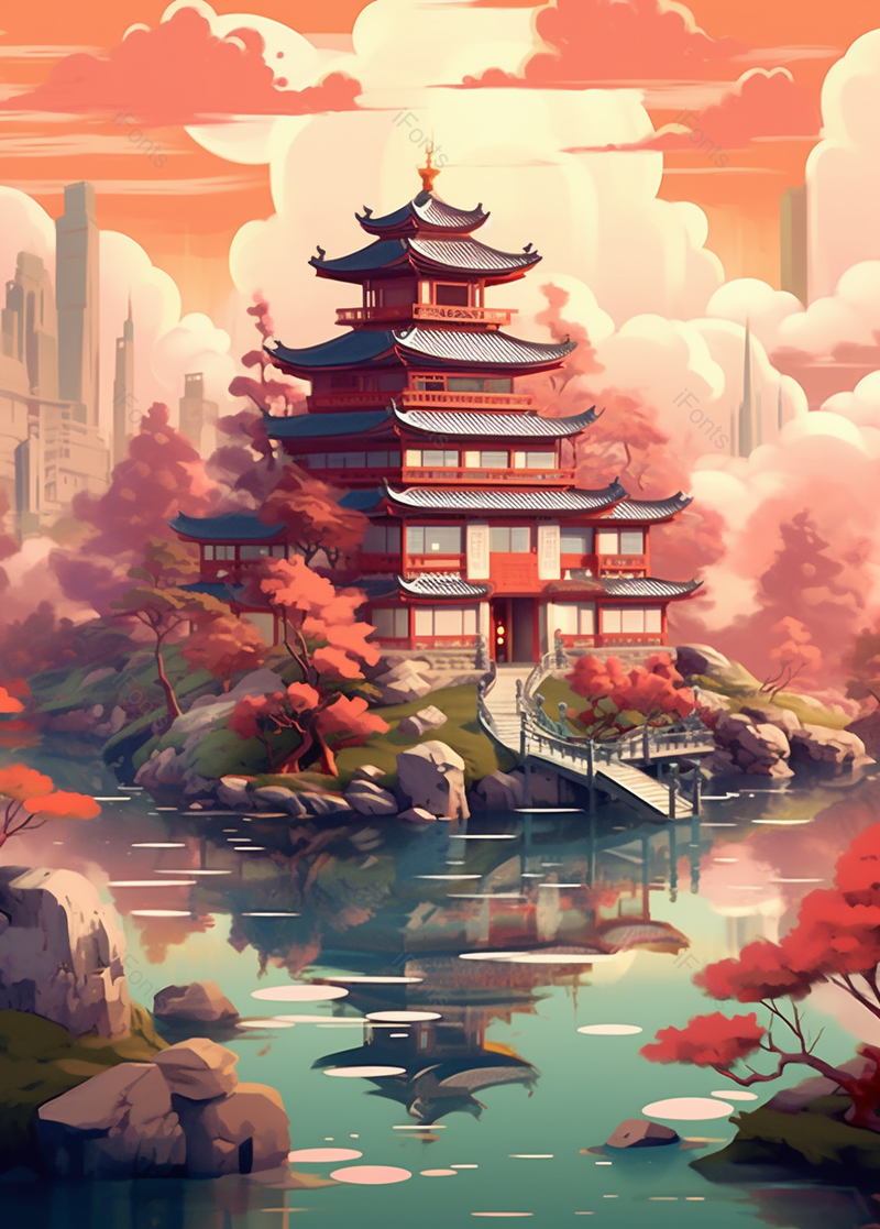 古代建筑唯美庭院池塘月色,插画/手绘图,插画/手绘图库,插画/手绘图下载,插画/手绘